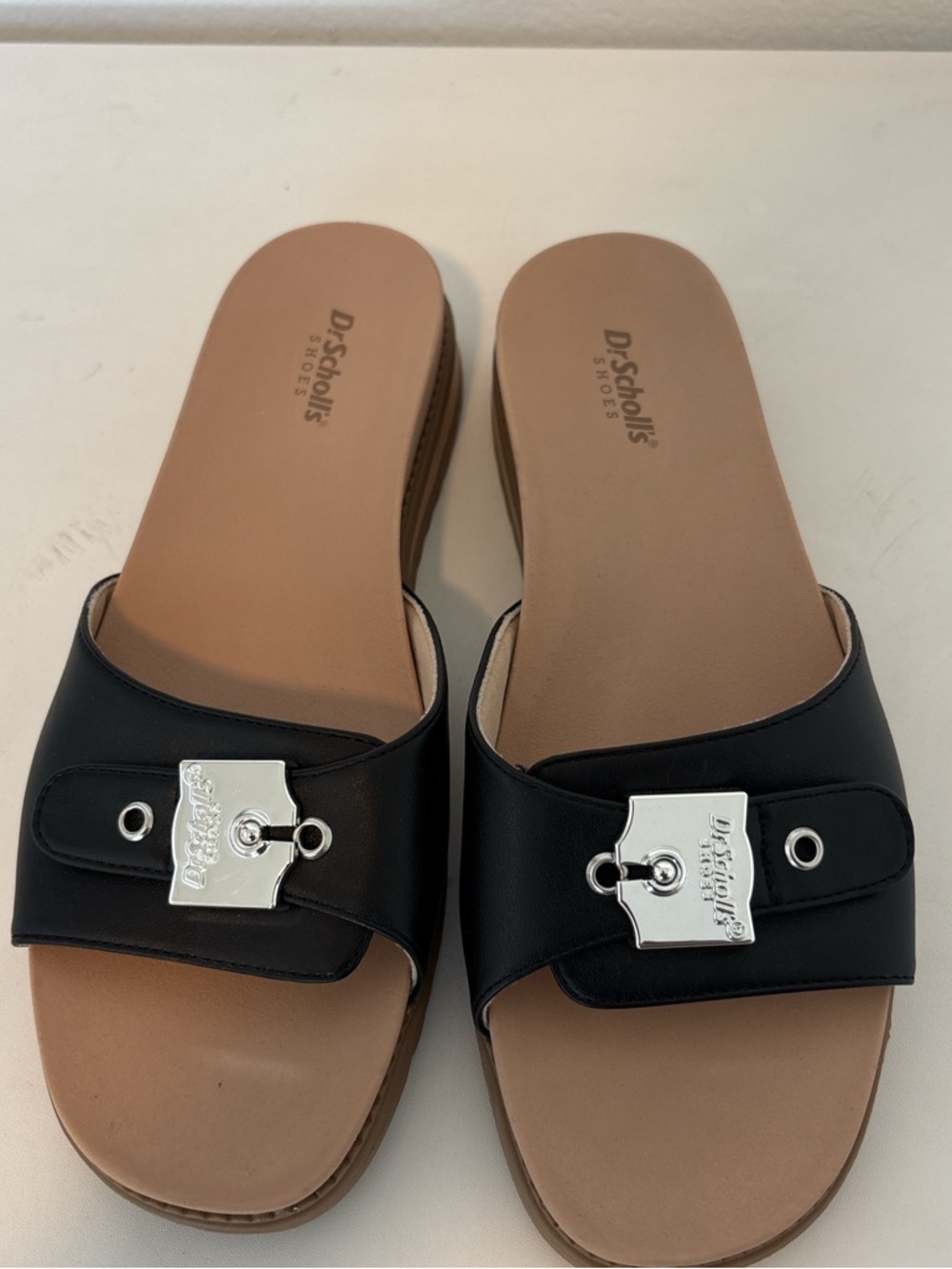 Dr. Scholl's Black Slide Sandals with Silver Accent Buckles